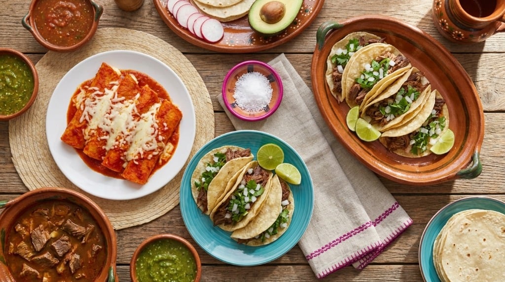 Mesa con platos de comida variada y colorida